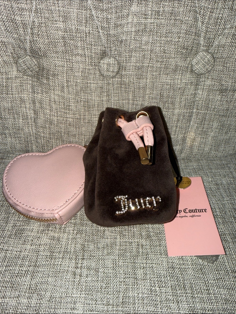 NWT Juicy Couture Brown Velvet Drawstring Pouch with Pink Accents